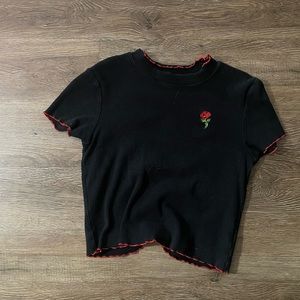 Cropped Lettuce Trimmed Womens Tee ribbed knit short black red collar and trim